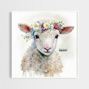 8x8 Baby Lamb Wearing Floral‎ Crown Portrait Watercolor Oil Painting Art Print